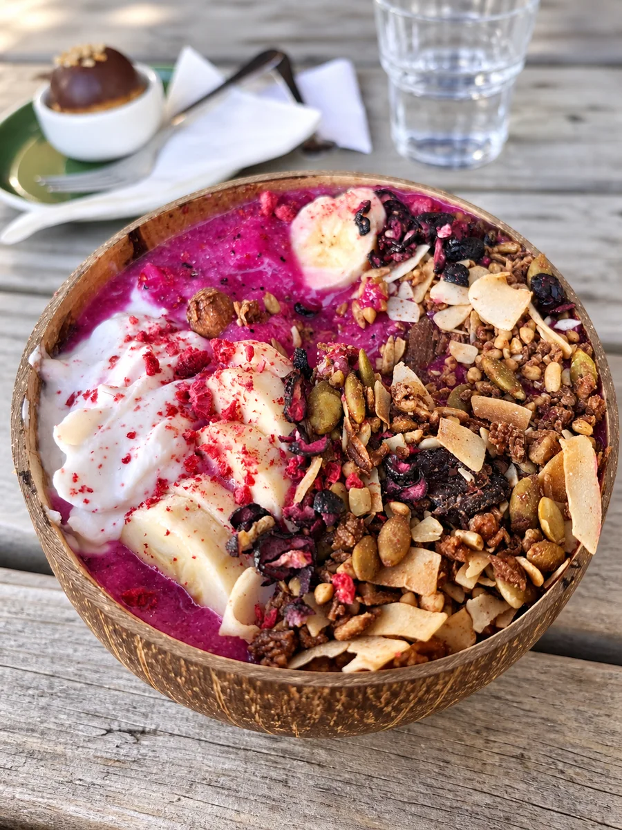 A blue smoothie bowl topped with fruit and granola