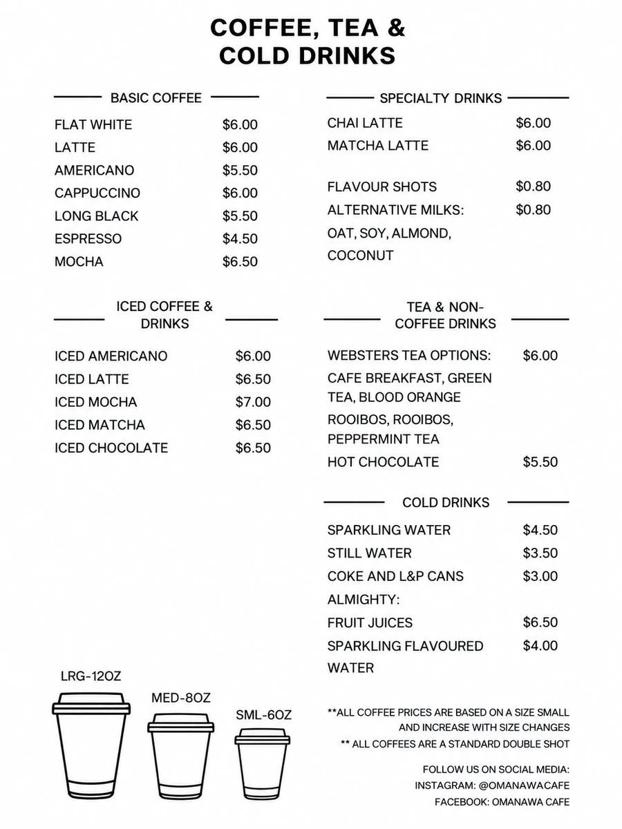 The printed coffee, tea and cold drinks menu at Omanawa Cafe