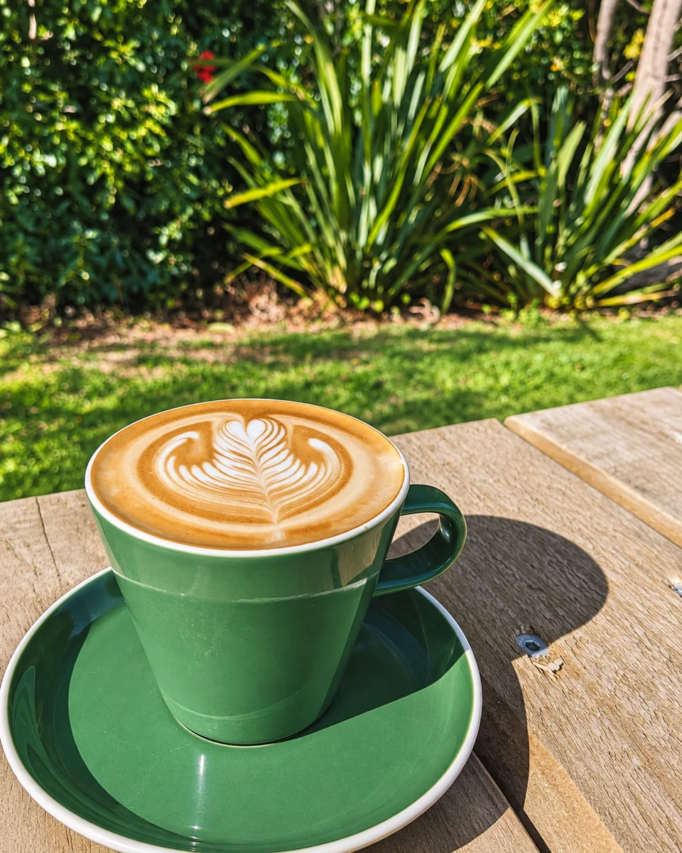 A green latte cup outside before the waterfall walk